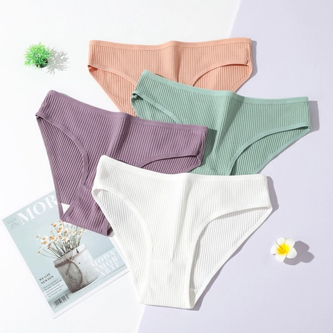 Women Briefs Cotton Ribbed Low Waist Breathable Hip Lifting Double Layer Crotch Solid Color Simple Underwear