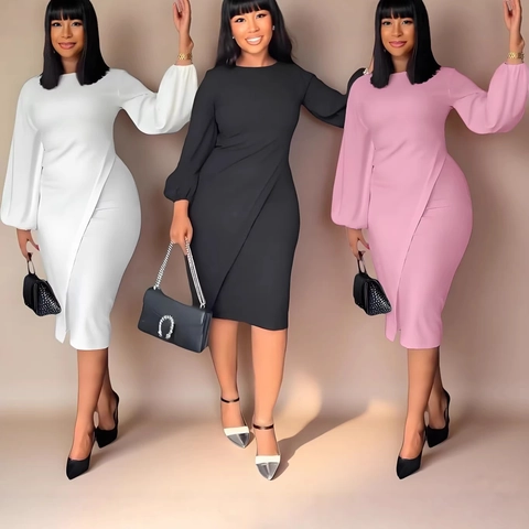 Vestido Midi De Poliéster Manga Linterna Cuello Redondo Plisado Cintura Alta Ajustado Dobladillo Cruzado Elegante Sólido Mujer