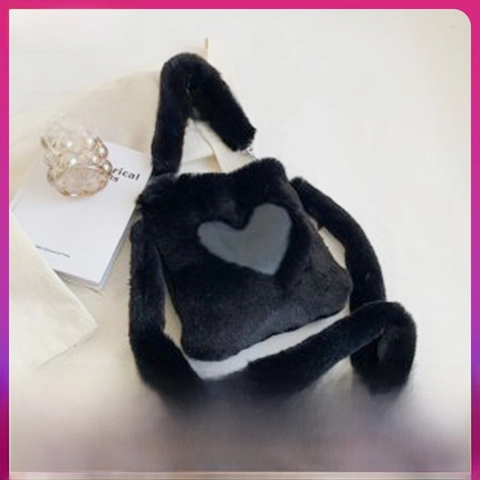 Heart Shaped Cutout Plush Shoulder Bag Faux Fur Crossbody Handbag For Women Autumn Winter Casual Large Capacity