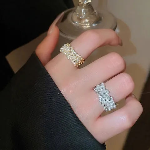 Elegant Adjustable Wide Band Ring With Faux Artificial Pearl And Cubic Zirconia Gold Plated Light Luxury Fashion Jewelry Women