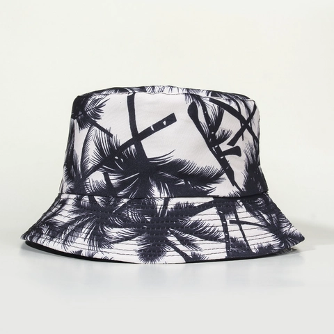 Sombrero De Pescador Reversible Lona De Algodón Estampado Palmeras Estilo Harajuku Protección Solar Vacaciones