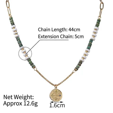Vintage Stainless Steel Coin Pendant Necklace Colorful Rhinestone Green White Beaded Chain Bohemian Jewelry For Women