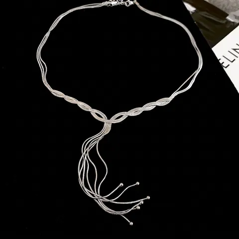 Silver Tone Copper Y-Shape Necklace Multi-Layer Tassel Woven Twisted Chain Minimalist Elegant Jewelry For Women