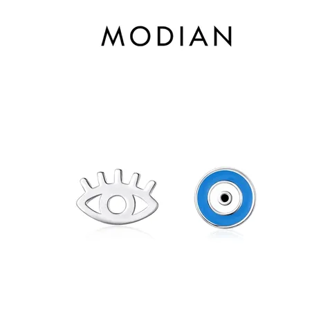 925 Sterling Silver Stud Earrings Asymmetric Evil Eye Blue Enamel Eyelash Design For Women Creative Minimalist