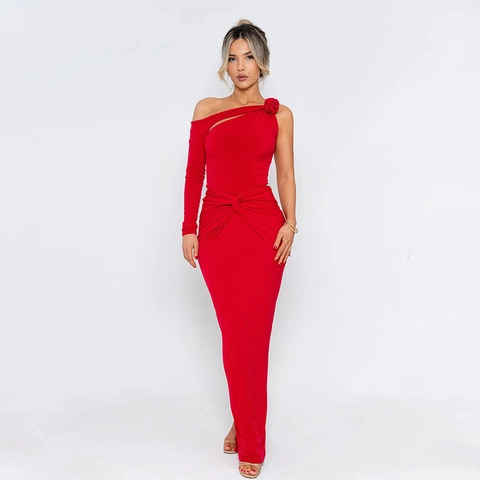 Vestito Maxi Monospalla Maniche Lunghe Arricciato Vuoto Fiore Elegante Aderente Sera Festa