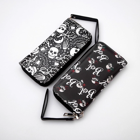 Long Zipper Wallet PU Leather Gothic Skull Print Large Capacity Clutch With Wrist Strap For Women