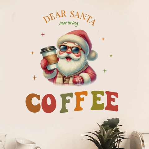 Weihnachts Wandaufkleber Cartoon Weihnachtsmann Mit Sonnenbrille Trinkt Kaffee PVC Wasserdicht Home Office Wandbild