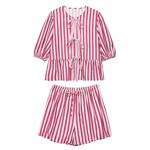 Damen Gestreiftes Oberteil Und Shorts Süß Puffärmel Schößchen Schleife Vorne Bluse Hohe Taille Casual Sommerurlaub Streetwear Outfit