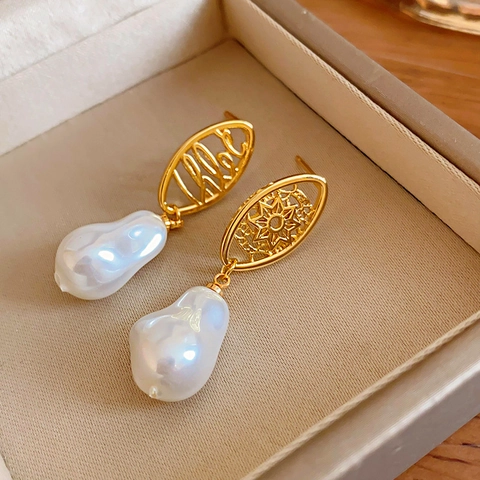 French Vintage Artificial Baroque Pearl Drop Earrings With 925 Sterling Silver Earring Post Gold Plated Hollow Geometric For Women