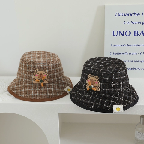 Cappello Da Pescatore A Quadri Per Bambini Tweed Caldo Antivento Cartone Animato Capybara Per Piccoli Autunno Inverno