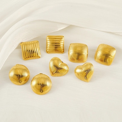 Fashion Geometric Stud Earrings Ribbed Vertical Stripe 18K Gold Plated Stainless Steel Heart Square Rhombus For Women