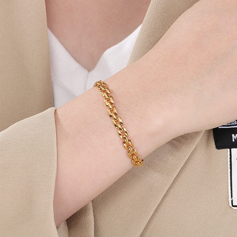 304 Stainless Steel Bracelet Women 18K Gold Plated Checkered Watchband Chain Minimalist Jewelry With Heart Charms Adjustable