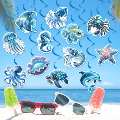 Meerestiere Hängende Wirbel Dekorationen Karton Papier PVC Nautisch Blau Deckenstreamer Sommer Geburtstagsparty Hawaii Luau
