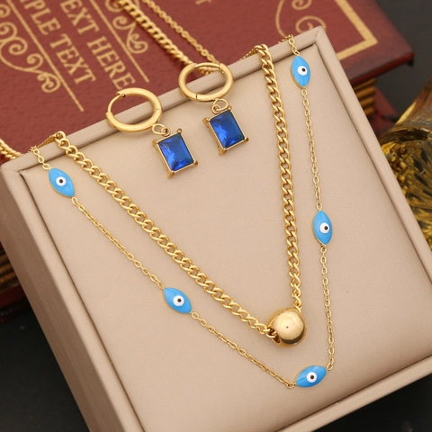 Evil Eye Schmuckset Edelstahl Mehrlagige Halskette Und Quadratische Blaue Edelstein Ohrringe Emaille Boho Stil