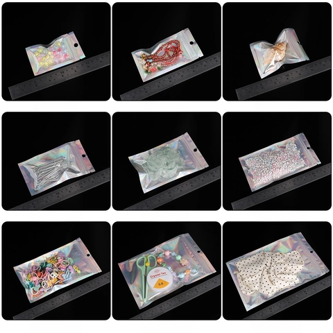 Holographic Laser Resealable Ziplock Bags PET Plastic Iridescent Packaging Pouch With Hanging Hole For Jewelry DIY Craft