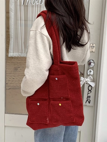 Grande Borsa Tote In Peluche Per Donna Tasche Multiple Bottoni Colorati Morbido Pile Borsa A Tracolla Casual