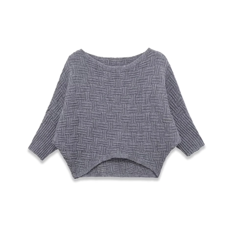 Dames Gebreide Trui Grijs Getextureerd Vleermuismouwen Boothals Kort Casual Pullover
