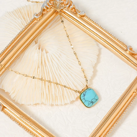 Stainless Steel Turquoise Beaded Necklace Gold Plated Geometric Stone Pendant Bohemian Vintage Jewelry For Women