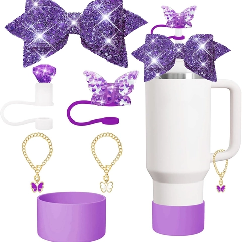 Silicone Straw Covers And Cup Boot With Glitter Butterfly Bow Pendants For Tumblers Decorative Accessories