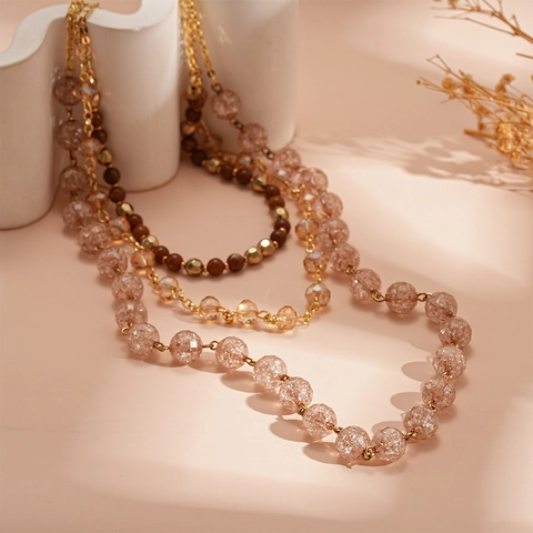 Vintage Multi-layer Beaded Necklace With Alloy Chain Glass And Acrylic Crackle Beads Bohemian Jewelry For Women