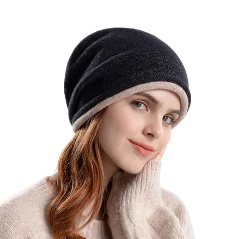 Women Slouchy Beanie Hat Knitted Acrylic Winter Warm Windproof Rolled Edge Solid Color Korean Style Outdoor Cold Cap
