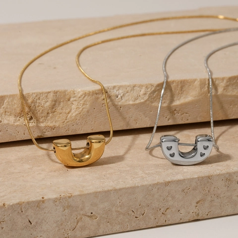 Minimalist U-Shaped Pendant Necklace Stainless Steel High Polish Heart Cutout Snake Chain Waterproof Jewelry For Women