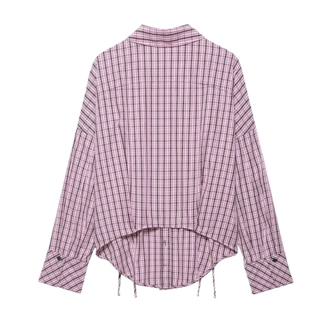 Women Long Sleeve Plaid Blouse Shirt Drawstring Waist Button Down Lapel Polyester Casual Fashion Tops Pocket