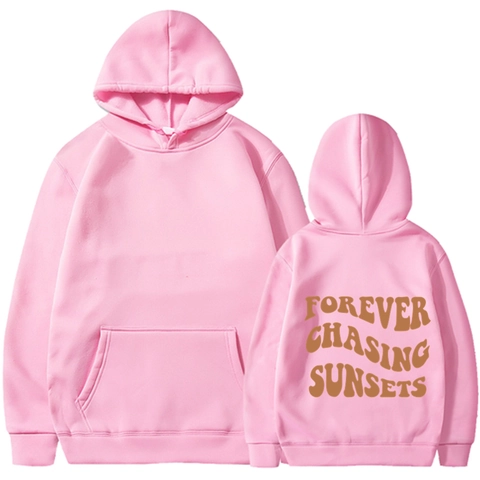Felpa Con Cappuccio Uomo Forever Chasing Sunsets Stampa Lettere Maniche Lunghe Pullover Pile Casual Tasca A Marsupio