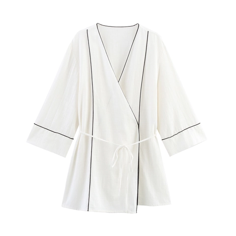 Abbigliamento Da Casa Donna Bordi A Contrasto Kimono Scollo A V Top A Maniche Lunghe E Pantaloni Larghi Completo Elegante