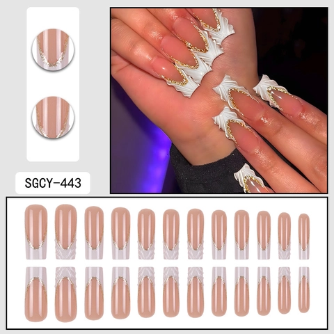Uñas Postizas Largas Estilo Francés Tridimensionales Escultura Blanca Onda Brillo Dorado Forma Ataúd Elegantes