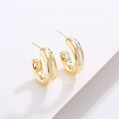 C-Shape Hoop Earrings 14K Gold Plated Copper Smooth Minimalist Geometric For Women With 925 Sterling Silver Earring Post