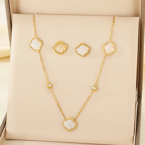 Stainless Steel Necklace Earrings Gold Plated Mother Of Artificial Pearl Shell Flower Cubic Zirconia Elegant Ocean Style For Women