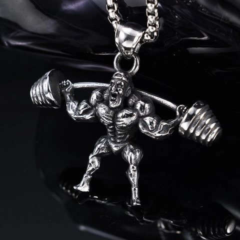 Barbell Weightlifting Muscle Man Pendant Necklace Stainless Steel Fitness Gym Punk Gothic Vintage Jewelry For Men