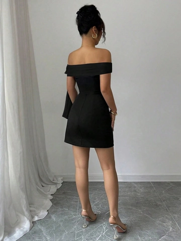 Off Shoulder Mini Dress Polyester Elastane Large Bow Shoulder Detail Slim Fit Solid Color Elegant Party Cocktail Glamorous