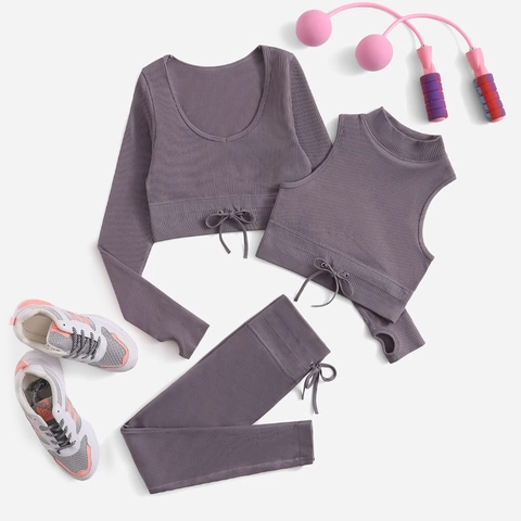 Ribbed Seamless Yoga Outfit Long Sleeve Top Sports Bra High Waist Leggings Gym Fitness Workout For Women