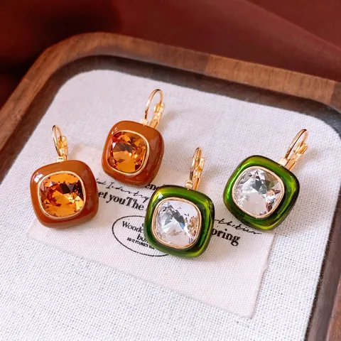 Vintage Quadratische Hängeohrringe Für Damen 18K Vergoldet Kupfer Kristall Brisur Geometrisch Emaille Schmuck