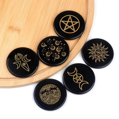 Engraved Obsidian Energy Disc Black Stone With Gold Mystical Symbol Altar Meditation Decor