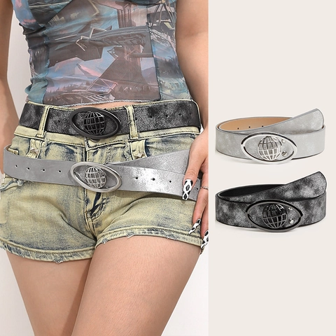 Vintage PU Leder Gürtel Für Damen Herren Cool Punk Oval Erde Stern Schnalle Verstellbare Taille Gurt Mattierte Struktur Streetwear Accessoire Jeans Gürtel