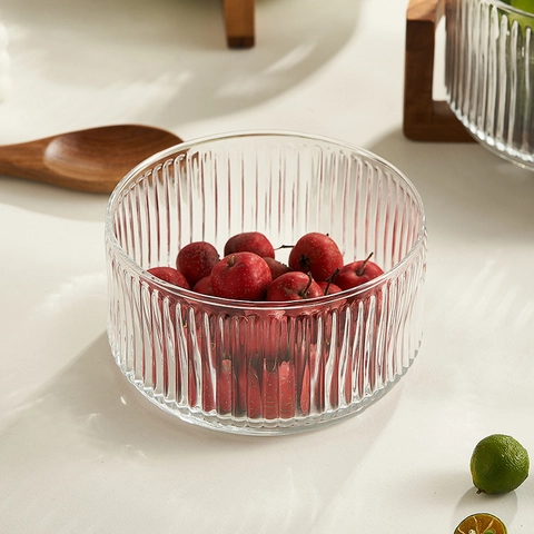 Saladier En Verre Nervuré Avec Support En Bois Grand Plateau À Fruits Nordique Plat De Service Pour Table