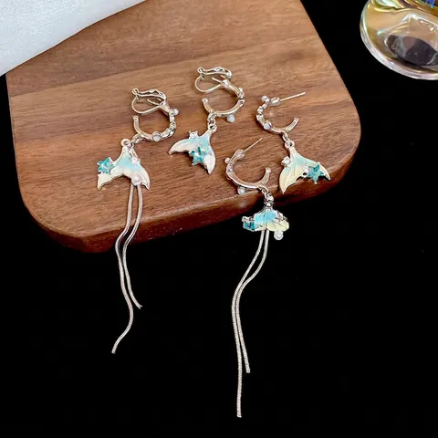 Pendientes De Borla Con Cola De Sirena Aleación Perla Artificial Con Poste De Plata Esterlina 925 Asimétricos Joyería Mujer