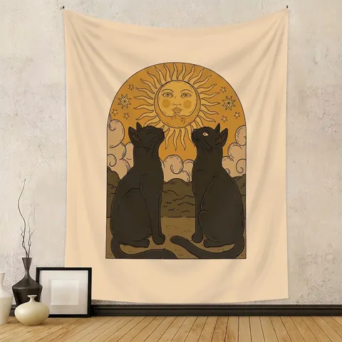 Arazzo Da Parete Gatto Tarot Vintage Boho Sole Luna Farfalla Estetico Tessuto Per Decorazione Camera Da Letto Soggiorno