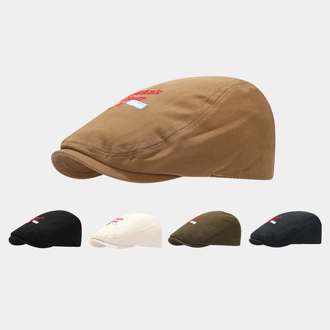 Vintage Cotton Canvas Flat Cap Forward Hat With American Diner Letter Embroidery Unisex Retro Sunshade