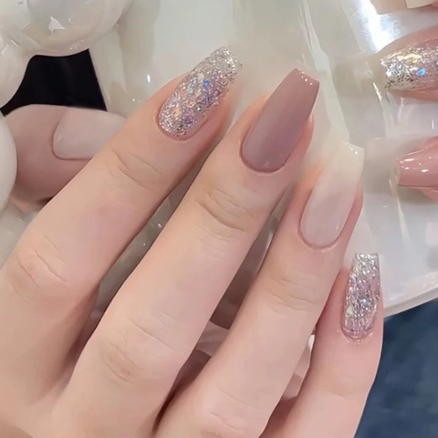 Long Coffin Press On Nails Glitter Gradient Dreamy Purple Pink Elegant Sweet Fake Nails For Women