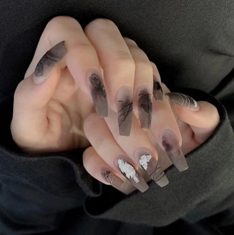 Uñas Postizas Press On Largas Coffin Mate Esmerilado Degradado Marrón Ahumado Diseño Mariposa Flor 3D Mujeres