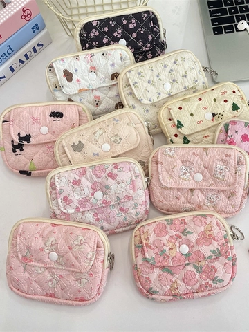 Quilted Fabric Mini Coin Purse With Snap Button Zipper Card Holder Keychain Ring Cartoon Floral Pattern Portable Pouch Women