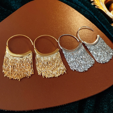 Vintage C-Shape Tassel Earrings For Women Elegant Metal Fringe Dangle Ear Jewelry With Steel Earring Post