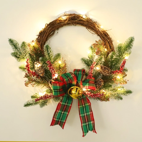 Kerstkrans Deurdecoratie Dennenappel Rode Bes Geruite Strik Metalen Bel Rotan Slinger Huis Wanddecoratie