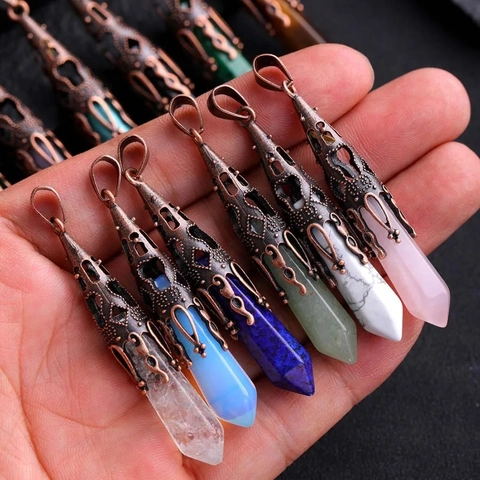 Natural Gemstone Hexagonal Crystal Pendant Necklace Vintage Filigree Hollow Alloy Cap Mystical Dowsing Pendulum Jewelry