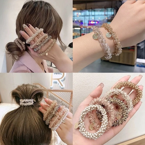 Chouchous Élégants En Cristal Et Imitation Künstliche Perle Élastiques Bracelet Double Usage Style Coréen Pour Femmes Filles
