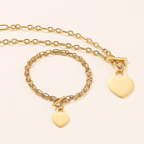 Joyas De Moda Collar Y Pulsera Para Mujer Acero Inoxidable Colgante De Corazón Cierre De Palanca Cadena Estilo Elegante